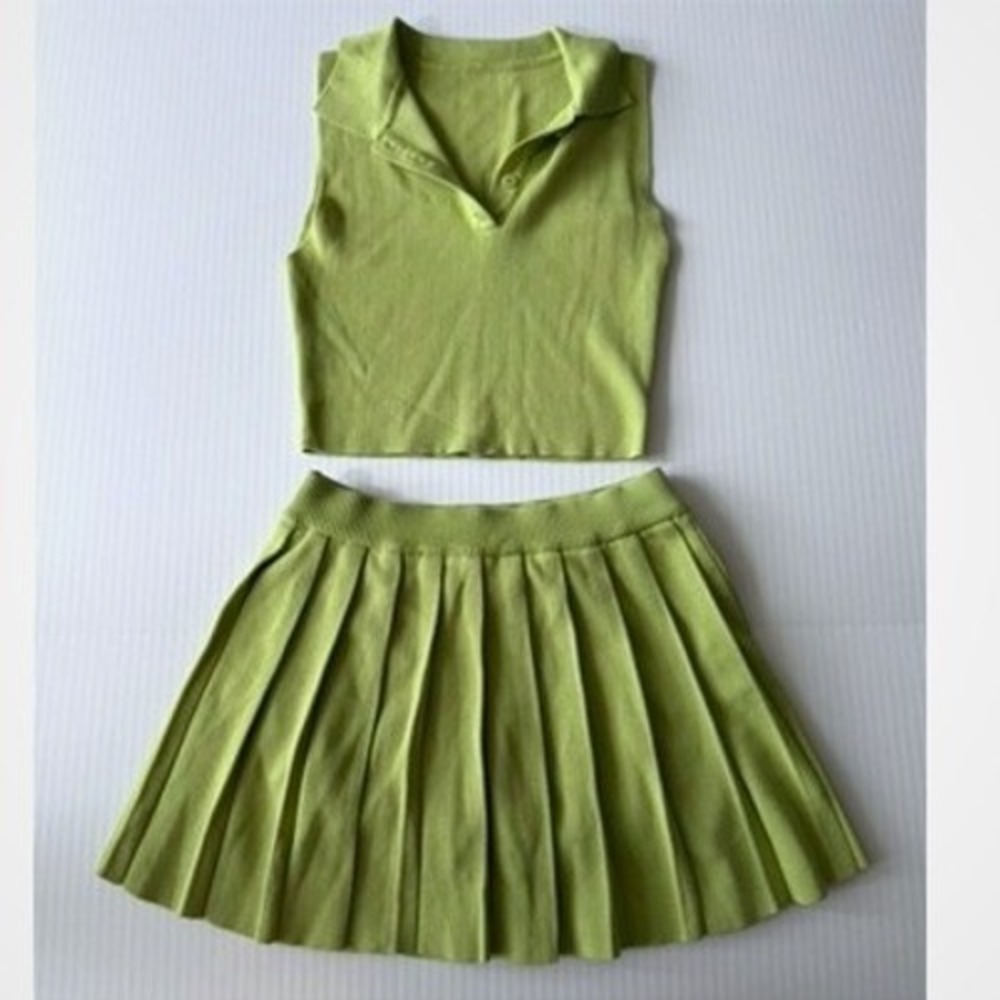 Unbranded Lime Green Knit Skirt Set Women Small Pleated Polo Crop 2 Piece USA